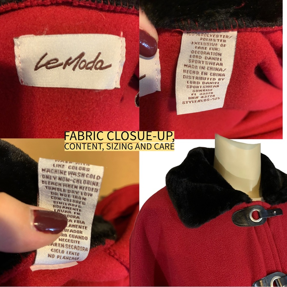 LE MODA RED FLEECE W/BLACK FAUX FUR COLLAR PONCHO (OSFM) - Picture 11 of 13